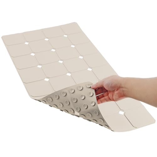 Bathtub Mat Non Slip 15" x 28" Silicone Foldable Tub Mat with Strong Suction Cups & Large Drain Holes, Durable & Eco-Friendly, for Smooth Surfaces, Ideal for Seniors, Adults Beige - color: Beige