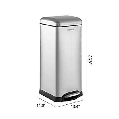 happimess Betty 8 Gal Step Trash Can Soft-Close Lid, Platinum Silver | Fingerprint Resistant, Removable Liner, Semi-Rectangular, Steel Pedal, Iron Powder Coated, 27" Height, Non-Skid Base - color: Chrome