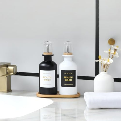 11.8OZ Mouthwash Dispenser, Set of 2 (Black/White) | Bamboo & Stainless Steel Pour Spout, Mouthwash Cups Reusable, Bamboo Tray, Elegant Gold Label - color: Black/White/350*2