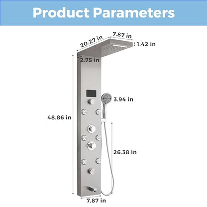 DELAVIN LED Stainless Steel Shower Tower, 5-Function Shower Panel Tower | Temperature Display, Rainfall Waterfall Shower, Massage Jets, Tub Spout, for Renovation, New Builds, Rentals & Contractors - style: 8 Body Jets With LED