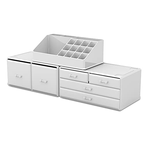 READAEER Makeup Organizer 3 Pieces Cosmetic Storage Case with 6 Drawers (White) - color: White
