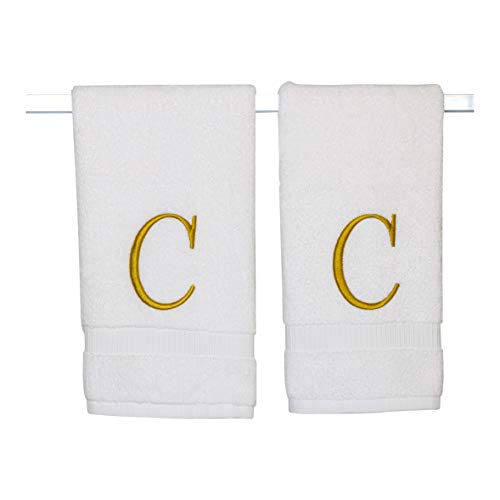 White with Gold Monogrammed Hand Towels for Bathroom - Set of 2 Letter C | Luxury Hotel Quality Initial Towels For Powder Room, Spa, GOTS Organic Certified - color: Gold, size: Initial C