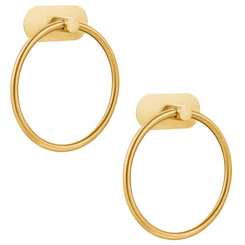 Self-Adhesive Towel Ring for Bathroom, No Drilling Stainless Steel Rustproof Hand Towel Holder, Wall Mounted Kitchen Towel Hanger with Strong Adhesive, Modern Bath Organizer Brushed Gold 2 Pack - color: Brushed Gold, size: 2 Pack