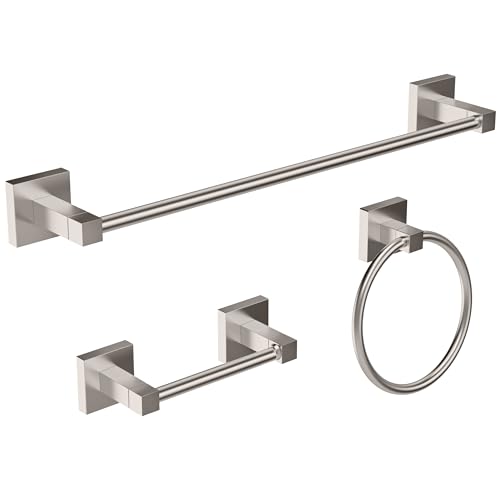 RUACQ Bathroom Accessories, 3-Piece Bathroom Hardware Set, Brushed Nickel | 18" Towel Bar & Toilet Paper Holder & Towel Ring, Towel Racks for Bathroom Wall Mounted, 304 Stainless Steel, Square Base - color: Brushed Nickel, size: 3pcs