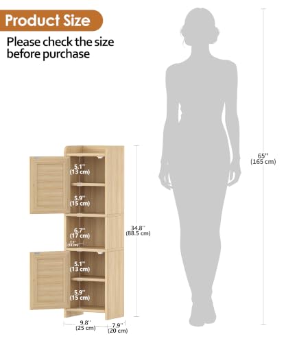 Akxomel 9.8''W Rattan Small Bathroom Storage Cabinet 2 Doors Oak | Small Bathroom Cabinet with Adjustable Shelf, Bathroom Organizer for Small Spaces, Wooden Corner Unit