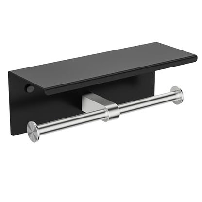 FORIOUS Toilet Paper Holder with Shelf, Commercial Toilet Paper Dispensers | Black & Brushed Nickel | Wall Mount Bathroom Tissue Holder | SUS304 Stainless Steel Rustproof | Double Tissue Roll Holder - color: Matte Black & Stainless Steel