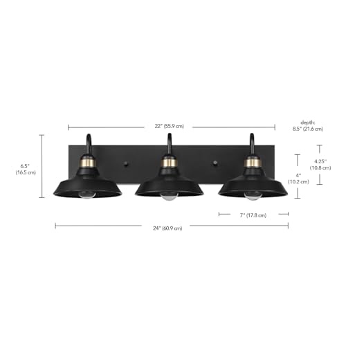 Globe Electric 63000199 24" 3-Light Vanity Light, Matte Black, Brass Accents, Exposed Bulb, Bathroom/Makeup Mirror, Wall Light - color: Cabernet