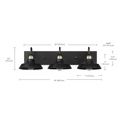 Globe Electric 63000199 24" 3-Light Vanity Light, Matte Black, Brass Accents, Exposed Bulb, Bathroom/Makeup Mirror, Wall Light - color: Cabernet
