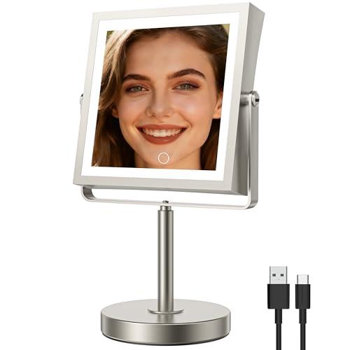 1X/10X Makeup Mirror with Lights, Double Sided Lighted Magnifying Mirror with 3 Colors, Height & Brightness Adjustable, Rechargeable 4000mAh, 8" Freestanding Mirror (Brushed Nickel) - color: Brushed Nickel