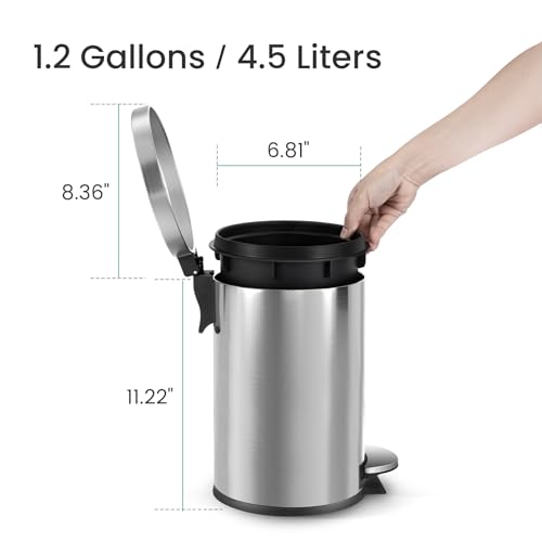 Cesun Small Round Bathroom Trash Can with Lid Soft Close, 1.2 Gal, Silver | Removable Inner Bucket, Stainless Steel Garbage Can for Bedroom/Office, Hands-Free Step Pedal, Fingerprint-Resistant - color: Silver