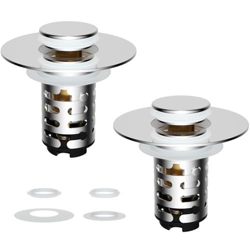 2-Pack Universal Bathroom Sink Drain Stopper, 4-in-1, Brushed Nickel | Hair Catcher Pop-Up Sink Strainer Stopper with 2-Layer Removable Stainless Steel Basket, Drain Plug for 1.1"-2.36" US Basin - color: Brushed Nickel Finished