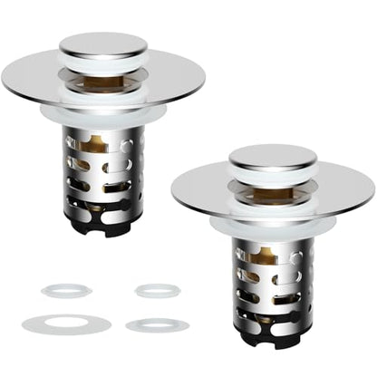 2-Pack Universal Bathroom Sink Drain Stopper, 4-in-1, Brushed Nickel | Hair Catcher Pop-Up Sink Strainer Stopper with 2-Layer Removable Stainless Steel Basket, Drain Plug for 1.1"-2.36" US Basin - color: Brushed Nickel Finished