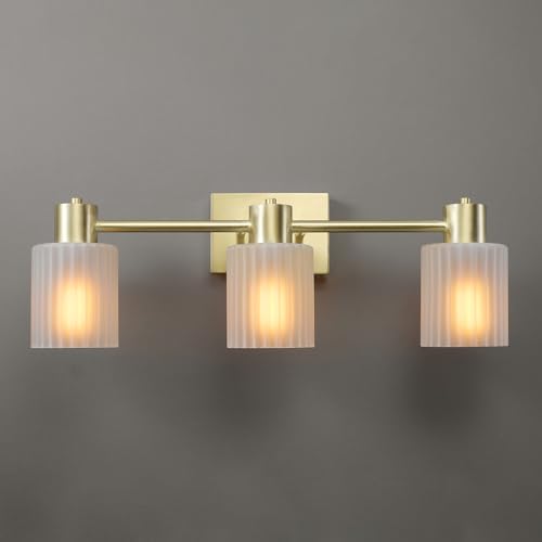 Globe Electric 3-Light Vanity Light, Matte Brass, Frosted Ribbed Glass Shades - color: Matte Brass, Frosted Ribbed Glass