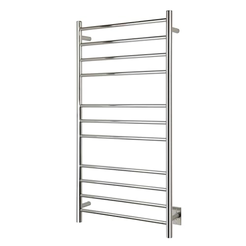 WarmlyYours Ontario Heated Towel Rack, 11 Bars, Polished Stainless Steel | Wall-mounted electric towel warmer for bathrooms, 11 heated bars, hardwired, spa-like warm towels every day