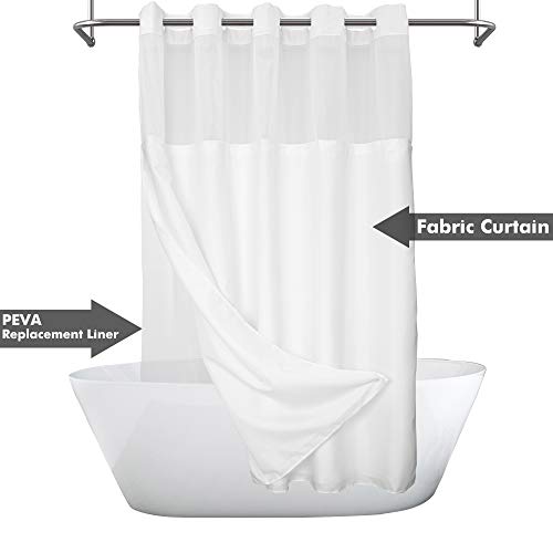 River Dream Long No Hook Slub Textured Shower Curtain with Snap-in PEVA Liner Set - 71" x 77"(75"), Hotel Style with See Through Top Window, Fabric Curtain & Waterproof Liner, White, 71x77 | Snap on/off Waterproof PEVA Liner, See Through Top Window, Slub