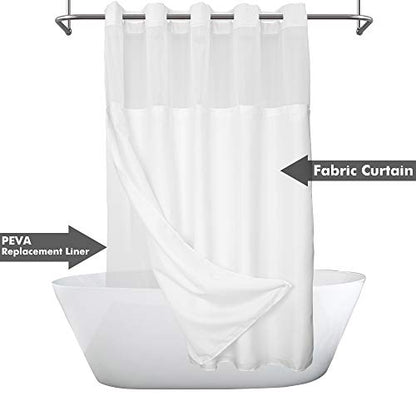 River Dream Long No Hook Slub Textured Shower Curtain with Snap-in PEVA Liner Set - 71" x 77"(75"), Hotel Style with See Through Top Window, Fabric Curtain & Waterproof Liner, White, 71x77 | Snap on/off Waterproof PEVA Liner, See Through Top Window, Slub