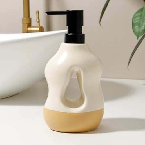 BosilunLife Ceramic Soap Dispenser - Soap Pump Dispenser Bathroom Kitchen Modern Farmhouse Elegant Refillable Soap Dispenser Lotion Hand Pump Dispenser for Kitchen Sink (Beige with Sand Base, 15oz) - color: Beige With Sand Base