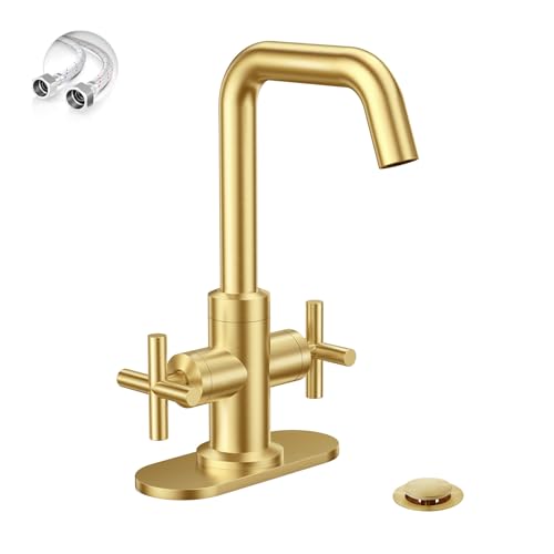 Phiestina Brushed Gold 2-Handle 4 Inch Centerset Single Hole Bathroom Faucet with Drain,Deck Plate and Supply Hoses, Fit for 1 or 3 Hole, SGF002-10-BG