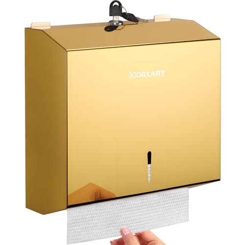 Gorlary Paper Towel Dispenser Wall Mount Commercial, Gold, Large Capacity | Polished Mirror Finish, Stainless Steel Paper Towel Dispenser with Lock, Fits C-Fold Multifold Trifold Paper Towels - color: Medium-gold