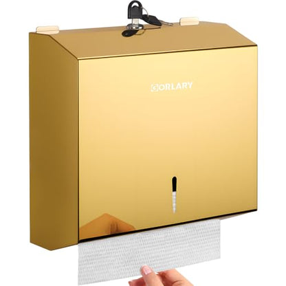 Gorlary Paper Towel Dispenser Wall Mount Commercial, Gold, Large Capacity | Polished Mirror Finish, Stainless Steel Paper Towel Dispenser with Lock, Fits C-Fold Multifold Trifold Paper Towels - color: Medium-gold