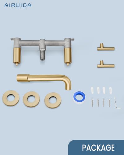 Airuida Wall Mounted Bathroom Sink Faucet,Brushed Gold Vanity Sink Faucet | Lever Handle,3 Holes,360° Widespread Swivel Spout,Rotatable Bathroom Faucet - color: Brushed Gold