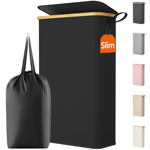 Lifewit 65L Slim Laundry Hamper with Lid, Narrow Laundry Basket with Removable Bag & Bamboo Handles, Fodable Thin Dirty Clothes Hamper for Laundry Collapsible Bin for Bathroom Bedroom Dorm, Black - color: Black, size: 65L