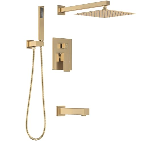 Lava Odoro Modern 3-Setting Square Shower and Tub Faucet Set with Shower Head and Handheld Sprayer Gold, Rainfall Shower System with Tub Spout, Shower Valve Trim Kit, Champagne Gold, SF103-CB-T - color: Champagne Gold, style: With Tub Spout