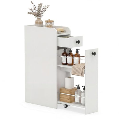 COSTWAY Slim Bathroom Cabinet, Freestanding Narrow Organizer, White | 7" Wide Space-Saving Storage with 2-Tier Slide-Out Drawer, Shelf & Toilet Paper Holder, for Bathroom, Laundry & Small Spaces - color: White