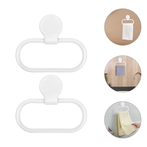 FOMIYES 2pcs Adhesive Hand Towel Ring Bathroom Towel Holder Wall Mounted Shelf White Easy Install Kitchen Hanger for Shower and Washcloth