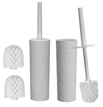 Topsky 2 Pack Compact Toilet Brush & Holder Set, Plastic Round Barrel Loo Brush with 2 Replacement Toilet Brush Head, Durable for Bathroom Toilet, Gray - color: Gray