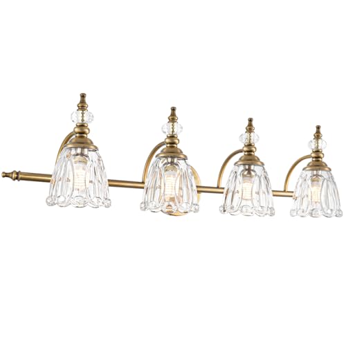 Brushed Antigue Brass Bathroom Light Fixtures 4 Lights, Antique Brass Vanity Light, Vanity Light Over Mirror, Vintage Bathroom Light with Clear Flower Glass, Lights for Wall Interior Hallway - color: Brass, size: 4 light