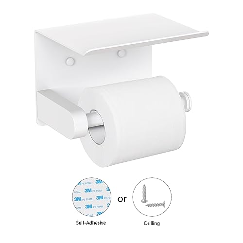 VAEHOLD Self Adhesive Toilet Paper Holder with Phone Shelf Stainless Steel Wall Mounted Toilet Paper Roll Holder - Bathroom Washroom Tissue Roll Holder with Storage Shelf - White - color: White