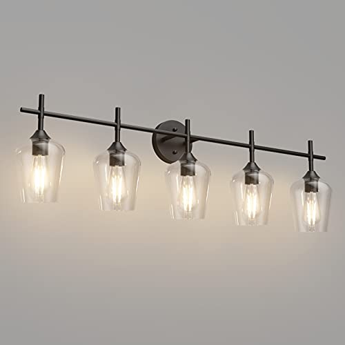 Ralbay Vintage Black Bathroom Vanity Light 5-Lights Industrial Matte Black Finish with Clear Glass Vanity Lights Farmhouse Bathroom Lighting fixtures - color: Black, size: 5-Light