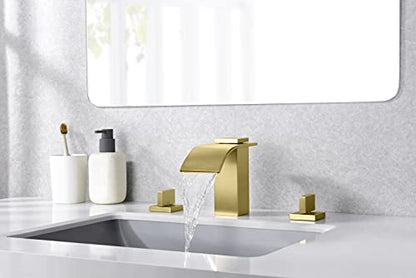 SUMERAIN Brushed Gold Waterfall Bathroom Faucet 3 Hole 8 Inch Widespread Bathroom Sink Faucet - color: Brushed Gold
