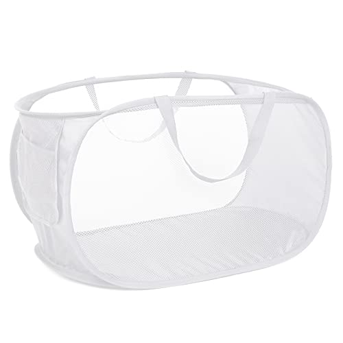 Strong Mesh Pop Up Laundry Basket, Collapsible Laundry Hamper with Side Pocket, Foldable Clothes Pop Up Hamper with Durable Reinforced Handles for Laundry, Bathroom, Kids Room, Dorm or Travel White - color: White
