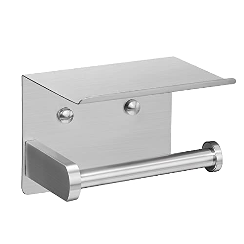 VAEHOLD Self Adhesive Toilet Paper Holder with Phone Shelf Stainless Steel Wall Mounted Toilet Paper Roll Holder - Rustproof and Bathroom Washroom Tissue Roll Holder with Storage Shelf - Silver - color: Silver