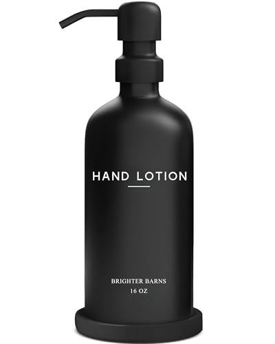 Black Glass Lotion Dispenser with Pump by Brighter Barns - Hand Lotion Dispenser Bathroom Set & Tray - Modern Bathroom Decor in Airbnb, Apartment Rental Properties, Guest House, Hotel Lobby (Black) - color: Black L