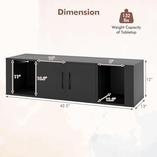Giantex Wall Mounted Storage Cabinet 2 Cube Floating Media Hanging Desk W/2 Doors and 2 Open Shelves, Home Office Furniture for Kitchen, Bathroom, Living Room Floating Console Hutch (Black) - color: Black