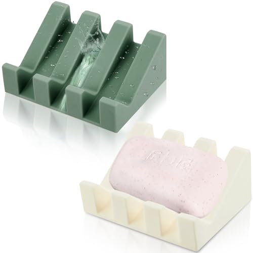 Cunhill 2 Pieces Silicone Soap Dish Self Draining Soap Dish Shower Waterfall Bar Soap Holder Tray with Drain Soap Saver for Kitchen Bathroom Accessories (Light Green,Bright White) - color: Light Green, Bright White