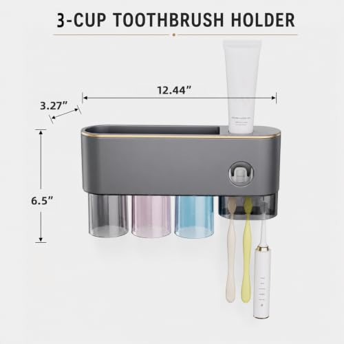 Bathroom Toothbrush Holder —Wall-Mounted Toothbrush Organizer (with Automatic Toothpaste Dispenser), Magnetic Rinse Cup Design, No-Drill Bathroom Vanity Storage Tray (Gunmetal Gray (3-Cup)) - color: Gunmetal Gray (3-cup)