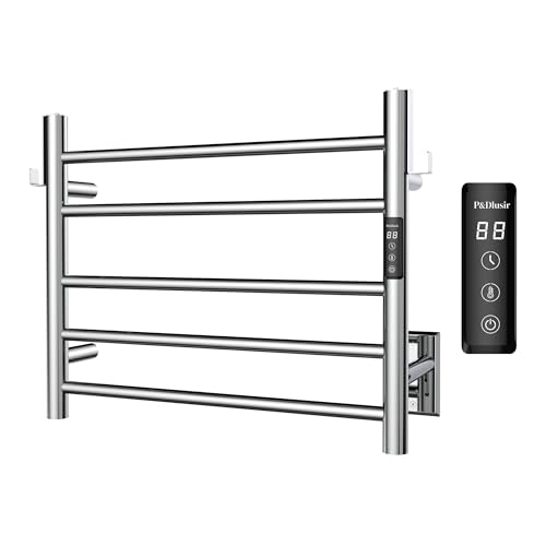 P&Dlusir EL13 Heated Towel Rack, Polished, 5 Bar | Fast Heat in 2 Min, Smart Timer, Thermo Control, Memory Functoion, Stainless Steel, Hard-Wired/Plug-in - color: Polished, size: 21.65"W x 17.72"H