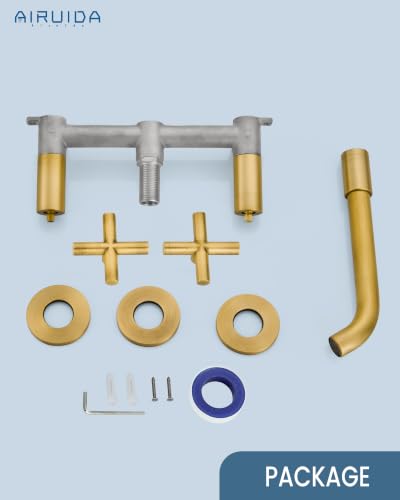 Airuida Solid Brass Antique Brass Wall Mount Bathroom Faucet | 360° Swivel Spout,Rough in Valve,2 Cross Handle,3 Hole,Widespread - color: Antique Brass