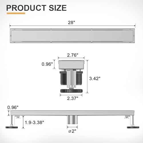 Linear Shower Drain - 28 Inch Brushed Nickel, with Tile Insert Panels | AISI 304 Stainless Steel Shower Drain with Adjustable Feet, Hair Catcher, Rectangle Shower Floor Drain Fits Bathroom, Balcony - color: Brushed Nickel, size: 28 Inch