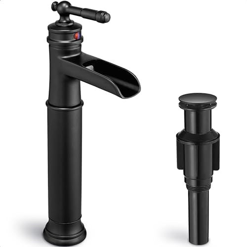 Tall Bathroom Faucet Waterfall, Brass Bathroom Faucets Black Vessel Sink Faucet, Single Handle Bathroom Sink Faucet 1 Hole with Pop-Up Drain & Supply Water Hoses for Hotels Classic No Noise - color: Matte Black - Modern