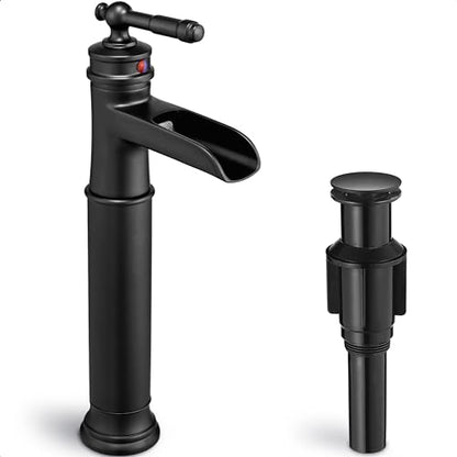 Tall Bathroom Faucet Waterfall, Brass Bathroom Faucets Black Vessel Sink Faucet, Single Handle Bathroom Sink Faucet 1 Hole with Pop-Up Drain & Supply Water Hoses for Hotels Classic No Noise - color: Matte Black - Modern