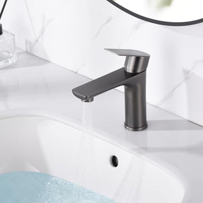 SUMERAIN Bathroom Faucets for Sink Lavatory Faucet 304 Stainless Steel Single Hole Single Handle, Gun Gray | Unique Flow Pattern, Water-saving, Lead-Free, with Faucet Supply Lines, Easy DIY Install - color: Gun Gray