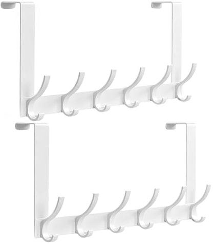 Peasulin 2 Pack Over The Door Hooks, Sturdy Door Hanger, Large Over The Door Towel Rack with 12 Hooks, Heavy Duty Easy to Install, for Bathroom, Bedroom，Kitchen，Hanging Towels, Coats (White) | for 1-3/4" Doors, 7.4" Arms, 6 Double Hooks with 12 Hanging Po