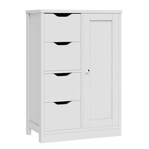 Vongrasig Bathroom Floor Storage Cabinet, Wooden Storage Organizer with 4 Drawers and 1 Door, Freestanding Pantry Cabinet with Adjustable Shelves for Bathroom, Living Room, Kitchen, Entryway, White - color: White