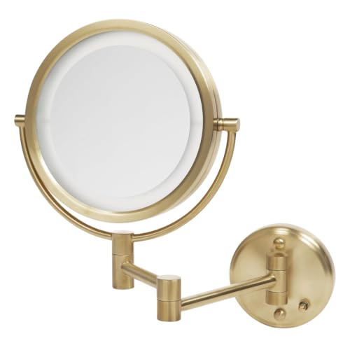JERDON Hardwired Wall-Mount Makeup Mirror - 8X/1X - Gold - HL88BGLD | 8.5" Round Frame, 13.5" Wall Arm, LED Lighting, Direct Wire Installation - color: Gold Direct Wire