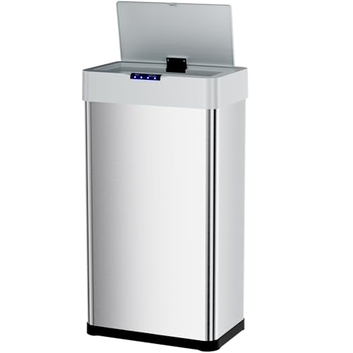 Sensor Trash Can, Touchless Motion Sensor Trash Bin | Smart Automatic Garbage Can with Soft-Close Lid, Bag Retainer Ring and Display Light, for Kitchen, Office (Silver, 16 Gal) - color: Silver, size: 16 Gal